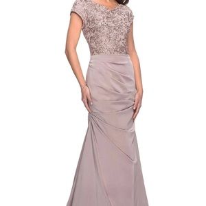V-neck trumpet gown with floral embroidery and ruched skirt by La Femme